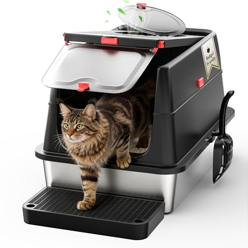 XXL Katzentoilette Edelstahl (V2A) - 3-in-1 Geschlossenes Katzenklo mit 160° Klappdeckel & Geruchsfilter - Hoher Rand, Auslaufsicher & Kratzfest - Inkl. Streuschaufel & Trittstufe (Schwarz)