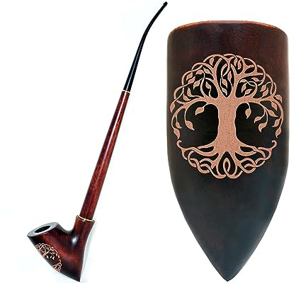 33 cm lång Churchwarden-rökpipa i päronträ med Livets träd-gravyr | För 9 mm filter | Sammetspåse ingår | Endast för tobaksanvändning