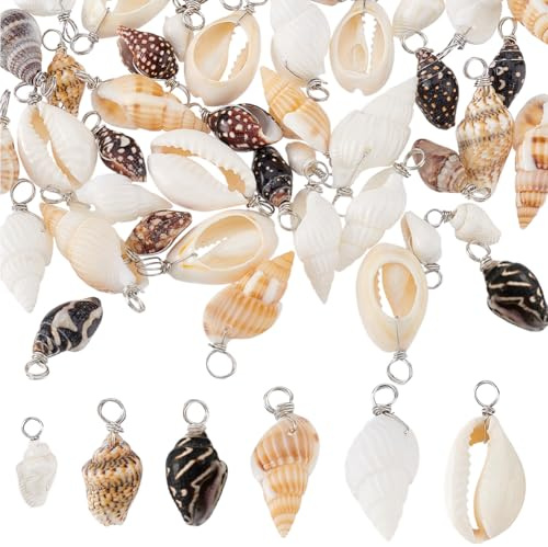 PH PandaHall - Juego de 60 colgantes de concha natural con conchas cauris sin teñir con conchas de playa en espiral para pendientes, pulseras de bricolaje