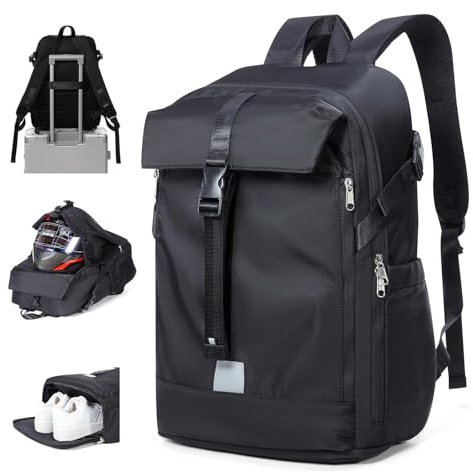 HYC00 Zaino Moto Uomo Donna Impermeabile Zaino da Portacasco, Rifrangente Zainetto da Motociclista Grande Borsa Casco Moto, Borsa da Basket Espandibile Zaini da Ciclismo con Scomparto per Scarpe, Nero