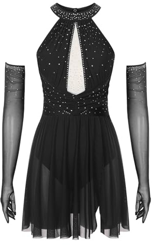 Oyolan Femme Robe Danse Latine Moderne Frangé Strass Justaucorps Gymnastique Tenue Patinage Artistique Ensemble Costume Spectacle Compétition E Noir S