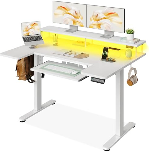 OffiGo Standing Desk, 120cm U Shaped Height Adjustable Desk with Monitor Stand, Electric Sit Stand Rising Table with Sockets, Gaming Computer Table with LED Light for Home Office Workstation, White