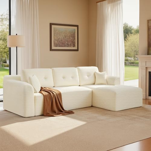 VASAGLE Ecksofa, modulares Sofa 244 cm breit, vakuumverpackt, Schlafsofa, Keine Montage erforderlich, mit großer Chaiselongue rechts, für Wohnzimmer, Gästezimmer, cremeweiß LCS184WD01