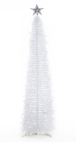 BrilliantJo Christmas Tree 5ft Artificial with Light and Topper Star Pop Up Collapsible Stand Tinsel Shiny Sequins for Xmas Holiday Party Decorations, Home Office Display, 150cm, White