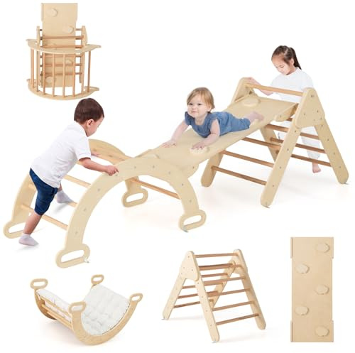 COSTWAY Kletterdreieck mit Rutsche, Kletterbogen, inkl. Kissen & doppelseitige Rampe, zum Klettern, Rutschen und Wippen, 4 in 1 Klettergerüst Indoor ab 1 Jahr (Holzfarbe)