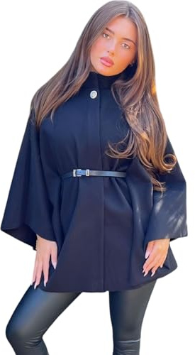 Women’s Cape Coat with Belt – Wool Blend Poncho Jacket, Open Front Long Sleeve Overcoat, Elegant Autumn Spring Winter Outerwear Ladies Coats (Black, UK 8-22)