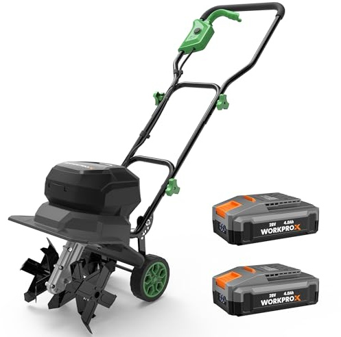 WORKPROX Motoazada Eléctrica a Batería 40V con 2×4,0Ah, Cultivador de Jardín Inalámbrico, Ancho de Trabajo 30 cm, Profundidad 20 cm, Ruedas Ajustables, Mango Plegable
