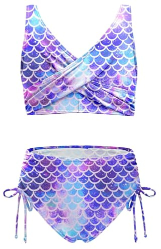 Arshiner Ensemble bikini pour fille - Col en V - Effet enveloppant - Taille haute - Avec cordon de serrage - Maillot de bain deux pièces - 7-16 ans