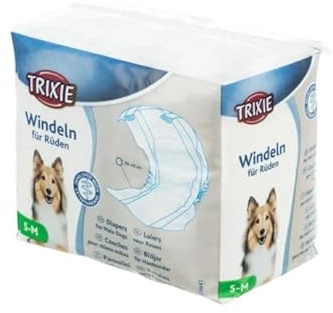 Trixie Pannolini a Fascia per Cani Maschi, Bianco e Blu, Poliestere, Confezione da 12 Pezzi, Altamente Assorbenti, per Incontinenza (S-M (30-46cm), 1, unità)
