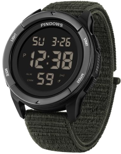 PINDOWS Mens Digital Watch, 50M Waterproof Army Work Sports Velcro Strap | 10M drop-resistant case, 3X bright LED backlight, and an infinitely adjustable breathable nylon band for a custom fit
