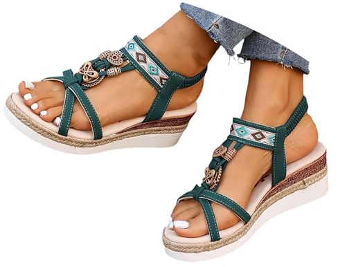 Women's Sandals Womens Summer Wedge Sandals Orthopaedic Boho T-Bar Glitter Sandalettes Comfortable Soft Sole Beach Holiday Shoes Strap Heeled Sandals Outdoor Walking Wide Fit Ladies