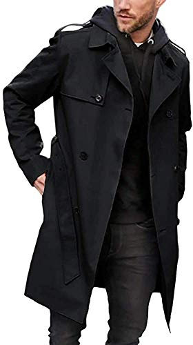 Gafeng Herren-Trenchcoat, schmale Passform, zweireihig, Gürtel, Windbreaker, Revers, lange Jacke, lässig, winddicht, Schwarz, 3XL