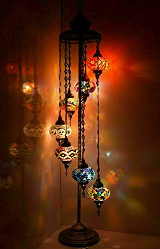ENVA Lampada da terra turca marocchina a mosaico, realizzata a mano, in vetro, multicolore, lampada da terra Tiffany, 7 grandi globi, con lampadina a LED
