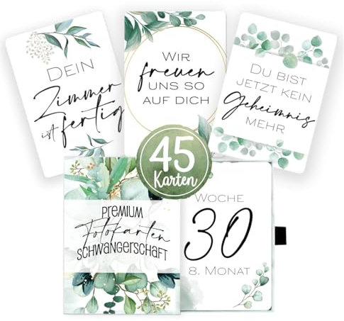 cozy racoon 45 Meilensteinkarten für die Schwangerschaft in Eukalyptus Design mit hochwertiger Geschenkbox I Persönliches Geschenk-Set für Schwangere I Schwangerschaftstagebuch