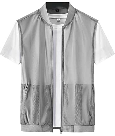 Sukany Men's Summer Casual Lightweight Breathable Mesh Vest Fishing Safari Travel Photo Gilet Zip Sleeveless Waistcoat Grey L
