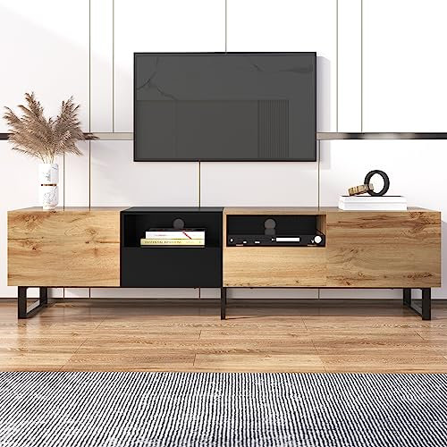 BTM Meuble TV Bois, 2 Portes et 2 Tiroirs, Rangement pour Salon Chambre, 190x38x48 cm, Bois et Noir