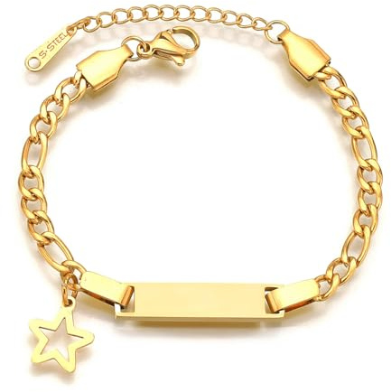 JewelryWe Personligt armband barn baby rostfritt stål högglans polerad figurkedja, barnarmband, babyarmband, armkedja med gravyr för pojke flicka, 10 cm, Trä Läder Trä Snäckskal Läder