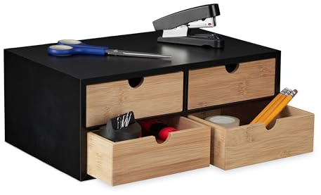 Relaxdays Organizer da Scrivania con 4 Cassetti in bambù e MDF, Cassettiera da Ufficio, HLP 13,5x33x21 cm, Naturale Nero