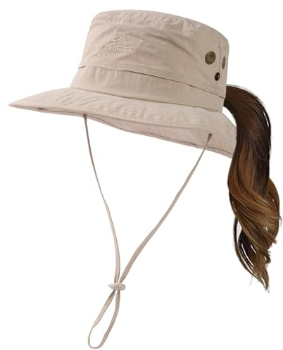 TOP-EX UPF 50 Sun Hat Women Wide Brim UV Protection Ladies Waterproof Safari Hat Foldable Outdoor Sunhat for Walking Fishing with Ponytail Hole (UK, Alpha, M, L, Beige)