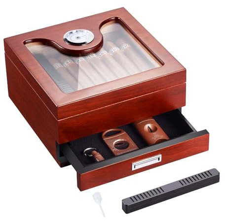 VEVOR Zigarren-Humidor, Humidorbox mit Glasdeckel, Handgefertigte Zigarren-Schreibtischbox aus Spanischem Zedernholz, Zigarren-Aufbewahrungsbox mit Trennwand & Zubehörschublade, 20–35 Zigarren