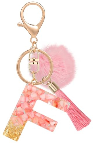 MWOOT Name Buchstabe F Schlüsselanhänger, Rosa Schlüsselband für Damen, Harz Schlüsselringe für Tür Auto Schlüssel Handtaschen Deko