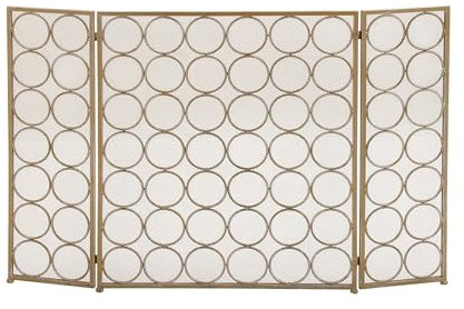 Cenz-888 Grille Pare-étincelles pour fournaise Écran de cheminée géométrique Pliable en métal Laiton 47 x 32 à 3 Panneaux avec Motif Circulaire, 1 pièce Pare-étincelles autoportant