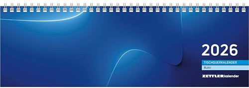 Zettler Tischquerkalender 1W/2S blau 2026 – Wochenkalender 32 × 11 cm, 1 Woche auf 2 Seiten mit Monatsübersichten & Stundeneinteilung 7–20 Uhr, FSC-zertifiziert, blauer Einband