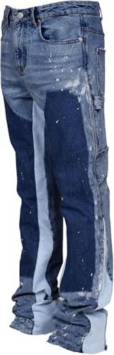 Goolecrimp Jeans da Uomo Elasticizzati con Toppe in Denim e Gambali Hip Hop a Zampa Jeans da Ballo Vintage da Ballo Casual da Skater Abbigliamento da Strada (Blu,M)