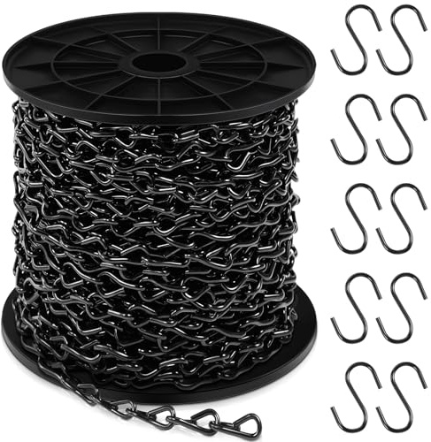 Yaocom 50ft Black Jack Chain with 10 pcs S Hooks Galvanized Steel Twist Chain with Spool-Weldless for Hanging Fixture, Bird Feeders, Overhead Lights, Artworks, Flowerpots (2mm)