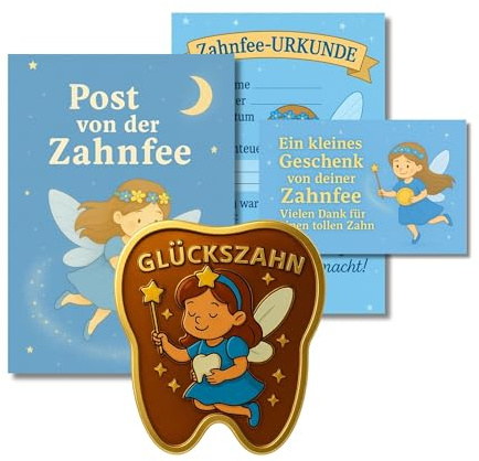 Milaboo Tandfee-present till barn – tandform, lyckligt mynt (3,5 cm) i organzapåsar med kort, tandsten, certifikat och kuvert – presentset för förlust av tänder (blå)