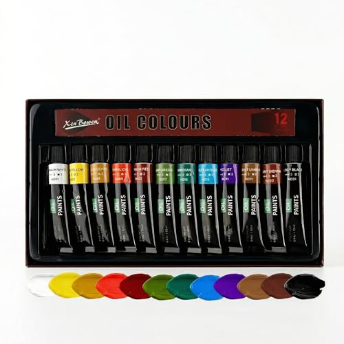 XAQAMY Set Colori a Olio 12x12ml, Tubetti in Alluminio – Inodore, Pigmenti Intensi per Tela, Kit Regalo Premium per Principianti