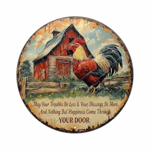 KIYOYO Vintage Chicken Signs Farmhouse Rooster Crowing Farm Fence Round Metal Sign 8x8 Inch Home Kitchen Bathroom Wall Decor Bar Pub Coffee Garage Poster
