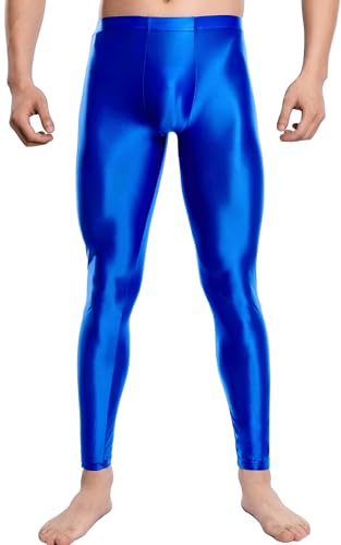 AIEOE Herrleggings glänsande skinny sportleggings lätta genomskinliga strumpbyxor tajta löparbyxor mjuka underbyxor tights stretch, blå, XXL