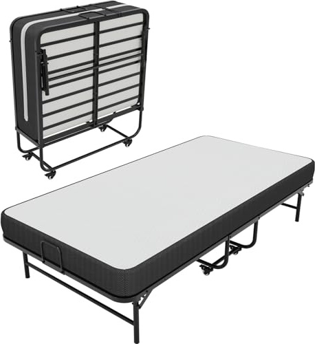 Brinlawb Single Folding Bed with Mattress, 90x200 cm Fold Up Bed with 10 cm Thick Luxurious Mattress Metal Frame, Space Saving Foldable Single Guest Bed with 4 Wheels, for Home & Office