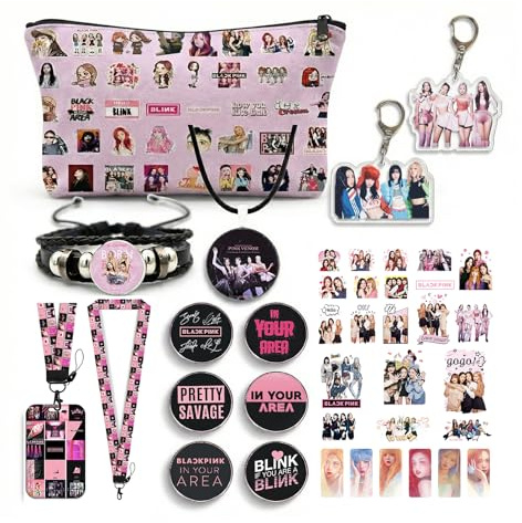 Set de artículos de fan de K-Pop rosa – Paquete de regalo Blink con pegatinas, llaveros, pulsera, bolsa, cordón, tarjetas de fotos y más – Set de merchandising creativo para fans