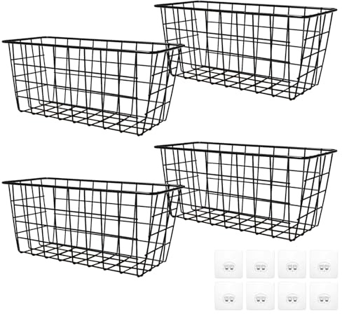 Mocifa 4 Piezas Cestas Alambre Negro Cesta de Almacenamiento de Metal con Ganchos Cestas Metálicas Rejilla Alambre Cesta Pared Metal Almacenaje para Cocina Armario Baño Despensa (28 x 12 x 12.5 cm)