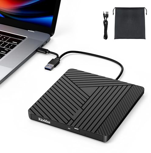Rioddas External USB-C 3.0 CD/DVD Drive Burner +/-RW, Ultra-Slim Portable DVD Player Writer Reader for Windows 11/10/8 Linux, Laptop Desktop PC Mac iMac MacBook