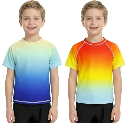 Baogaier Kinder Rashguards Jungen Kurzarm Schnelltrocknendes Schwimmshirt, 2er Pack, Sonnenschutz Farbverlauf Rash Guard T-Shirt Rundhals Badeshirt für Schwimmen Laufen Sport, 10-11 Jahre, Blau