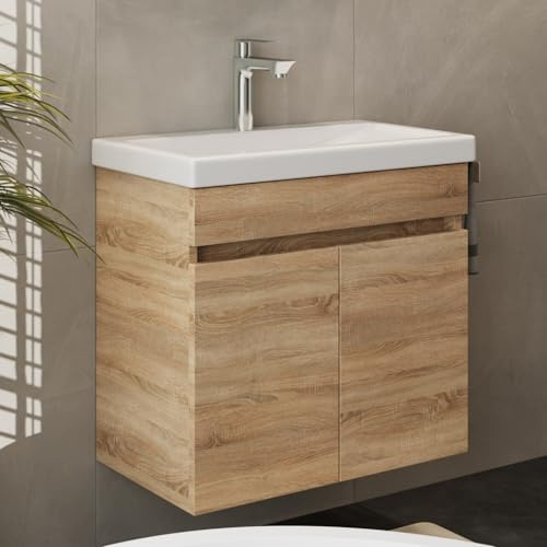 Planetmöbel Waschbecken mit Unterschrank, inkl. Keramikwaschbecken, modernes Badmöbel Set, 63 x 60 x 36,5 cm, Sonoma Eiche