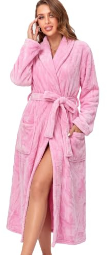 RONGTAI Badrock för kvinnor fleece plysch varma långa morgonrockar, Rosa, M