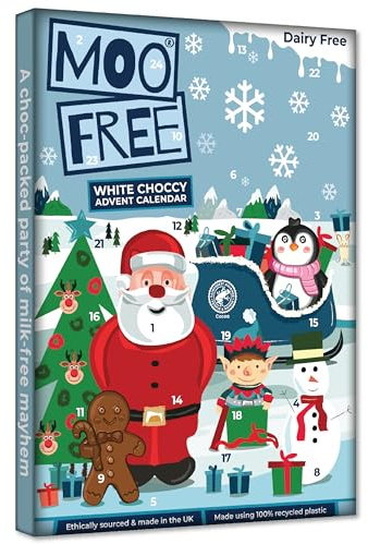 Moo Free Alternativa al calendario dell'Avvento con cioccolato bianco, senza latticini, senza glutine, senza soia, 70 g