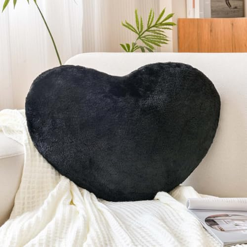 XVTRU Cuscino a forma di cuore, morbido cuscino nero a forma di cuore, grazioso cuscino decorativo in finta pelliccia di coniglio, 32,8 x 24,9 cm, cuscino in peluche a forma di cuore, per divano,