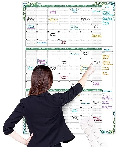 Großer, trocken abwischbarer Wandkalender – undatierter 3-Monats-Wandkalender, 71,1 x 101,6 cm, löschbar und wiederverwendbar, laminierter Whiteboard-Kalender