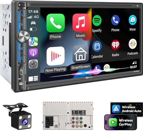 PLZ 7 Wireless Double Din Car Stereo Apple Carplay Radio Screen for Car Audio Receivers, Bluetooth 5.3 Car Play Android Auto Touchscreen, 240W 4.2 CHN 2 Subwoofers Outputs, Backup Camera, SWC, FM/AM