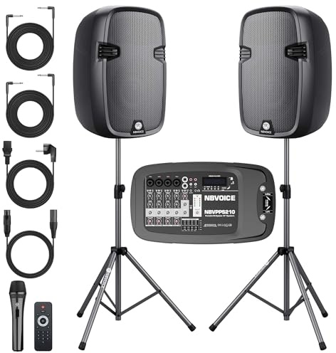 NBVOICE 10 600W Professional PA System with Mixer DJ Bundle, Portabel Speakers 2-Way Wireless Bluetooth Sound System with USB SD XLR 1/4 RCA inputs-Home/OutdoorParty