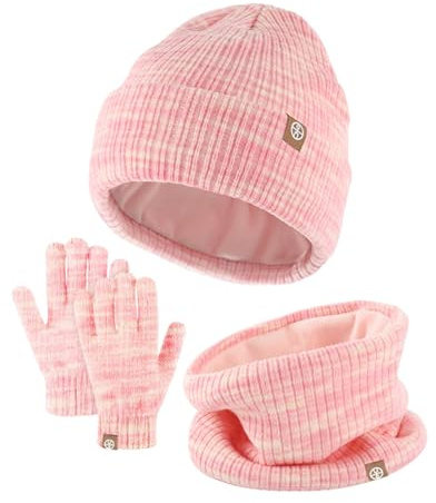 QKURT Kids Beanie Hat Scarf Glove Set, Children Winter Thermal Cap Neck Warmer Touch Screen Gloves Soft Warm Hat Scarf Mitten Colorful for 5-10 Years Old