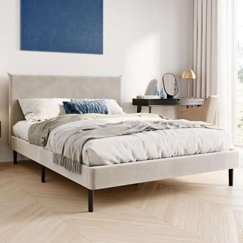 Home Collective Bett 140x200 cm, Polsterbett mit Lattenrost, Bettgestell, Doppelbett mit weichem Cordbezug und gepolstertem Kopfteil, Robustes Gestell, hoher Liegekomfort | Beige