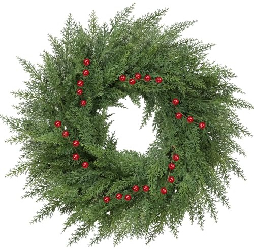 Lush Christmas Wreaths for Front Door with Red Berries Christmas Decorations 24 inch Real Touch Faux Cedar Wreath Large Winter Green Wreaths for Windows Outdoor Indoor Walls Home Xmas Holiday Decor