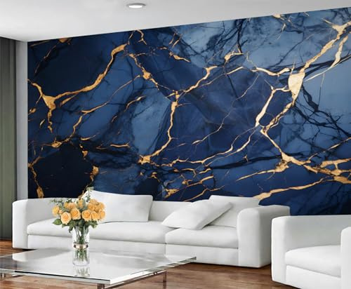 YXQAIED Marble Wallpaper, Blue Marble Bedroom Wallpaper, Navy Blue Wall Paper for Living Room, Not Self Adhesive Abstract Gold Photo 3D Wall Murals & Room Decor, 100x70cm