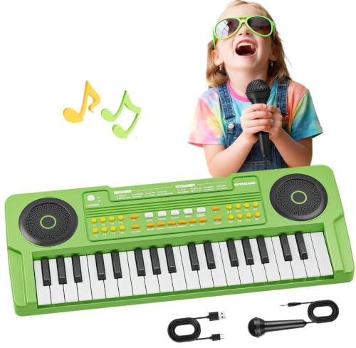 QiquBox Piano Clavier Jouet pour Enfants Piano Électrique 37 Touches | avec Microphone, Jouets pour Filles Garçons de 3 4 5 6 7 Ans, Cadeaux d'Anniversaire et de Noël,Vert